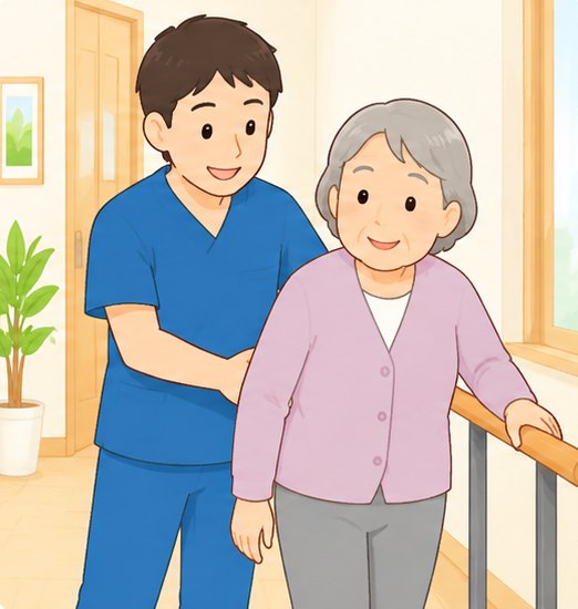 院長が手すりにつかまって立つ方を支えながら機能訓練をしているイラスト